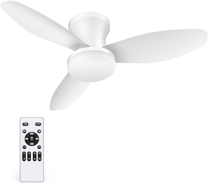 35 Inch Small Ceiling Fan with Led Lights Remote Flush Mount White | Quiet 6 Speeds,Modern LED Dimmable,Memory for Light,2/4H Timer,DC Reversible,Bedroom Living Room Indoor/Outdoor