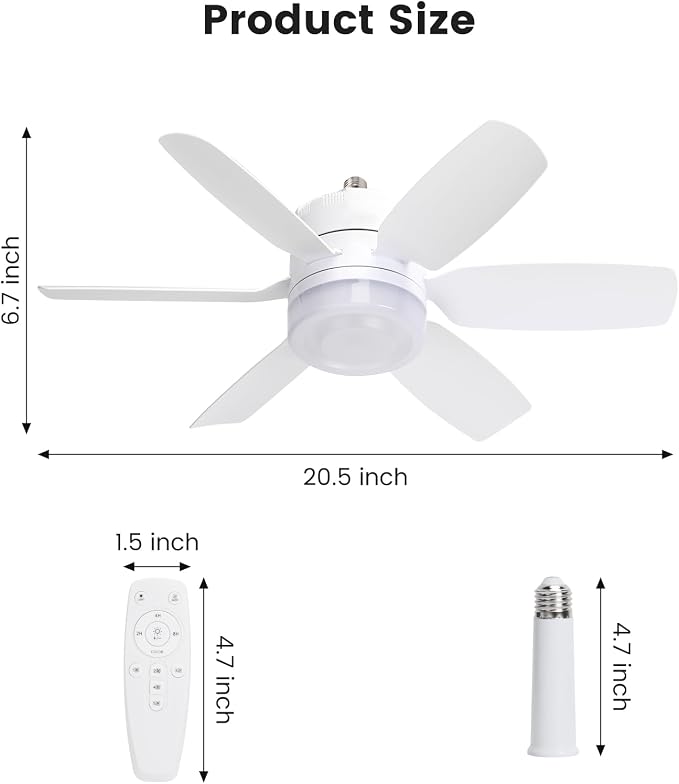 Fanspex 20.5'' Socket Ceiling Fan Light for Home Living Room Bedroom Garage | 5 Fan Speeds with 3 Colors Adjustable Light, 8 Hours Timer, White