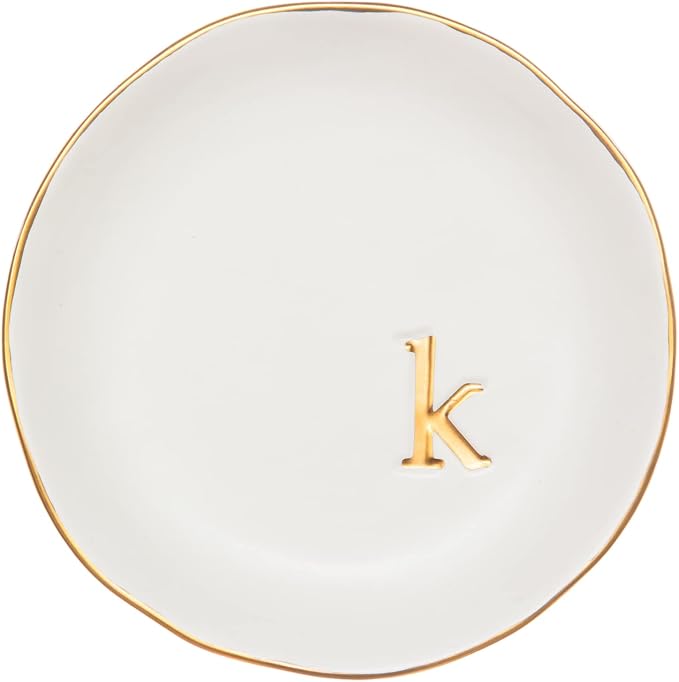 COLLECTIVE HOME Ceramic Jewelry Tray, Trinket Dish, Gifts for Women (K) | Mother's Day, Birthday, Christmas, Engagement Gifts, Vanity, Nightstand Decor, Embossed Gold Monogram Ring Dish with Gift Box