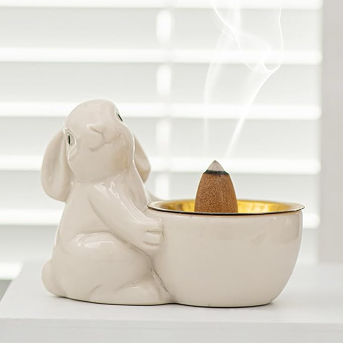 Ceramic Rabbit Incense Burner Rabbit Figurines Statue Ornament Easter Incense Sticks Holder Waterfall Arab Incense Holder for Home Decor (White)