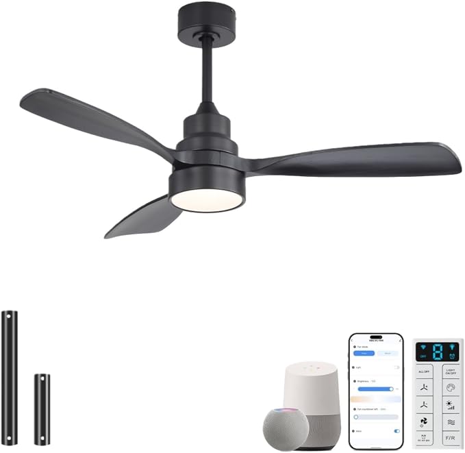 Sofucor 48 Inch Smart Ceiling Fans with Lights-Flush Mount & Downrod Mount Modern Outdoor Ceiling Fans with Alexa/Google Assistant/APP/Remote Control for Bedroom/Farmhouse/Patio, Black