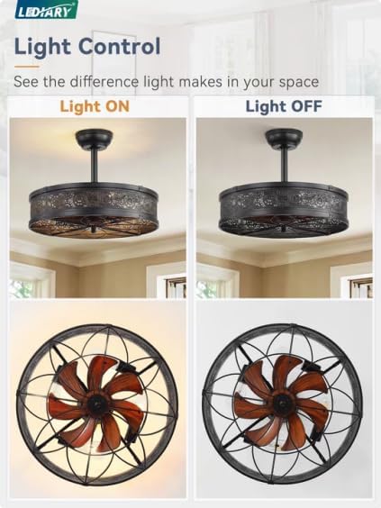 LEDIARY Farmhouse Chandelier Ceiling Fan with Light,20 Inch Black Caged Enclosed Bladeless Fan Lights Ceiling Fixtures,Vintage Victorian Rustic Fandelier for Indoor,Kitchen,Bedroom,Living Room