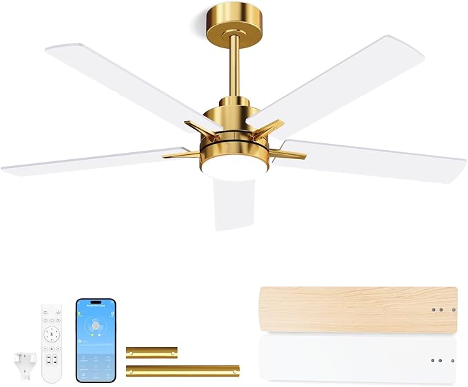 LANMEL 52'' Ceiling Fan with Lights and Remote, Low Profile Modern Ceiling Fan Gold, 6 Speed, Reversible, 3000k-6000k LED, Quiet DC Motor Ceiling Fans for Indoor Outdoor Bedroom Living Room