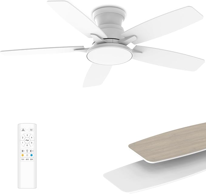 Flush Mount Ceiling Fan with Light, 42 Inch, Remote Control, 3CCT Dimmable LED, 6-Speed Silent Reversible DC Motor, Low Profile Hugger Ceiling Fan for Indoor/Outdoor 90-264V 50/60Hz Fresh White