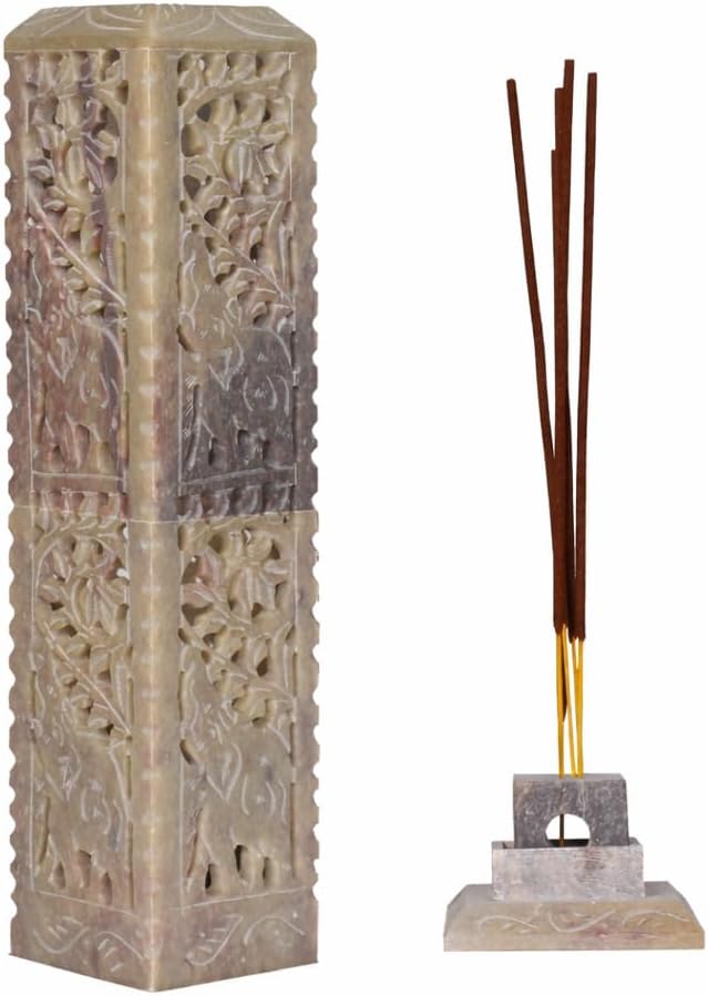 Handmade Stone Incense Stick Holder | Unique King Size Long Tower Burner | Camphore - Tealight - Dhoop Batti - Candles Holder for Yoga, Meditation and Home Decor. (Elephant)