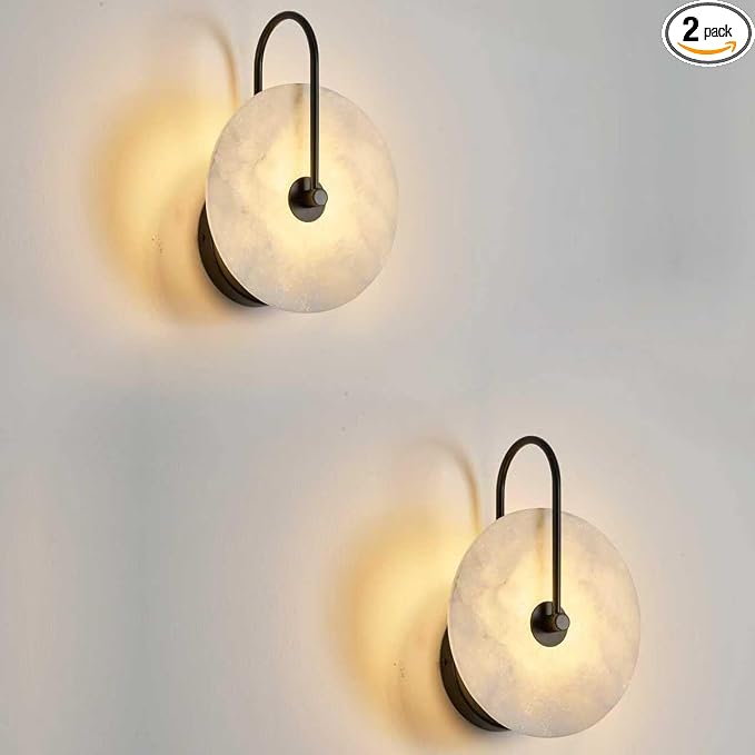 Round Alabaster Wall Sconce Set of Two, Natural Marble Lampshade Wall Sconce, Hardwired Circular Sconce LED Modern Wall Lamp for Bedroom, Stairs, Living Room, Bedside, Hallway 9.84 Inch Black