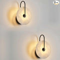 Round Alabaster Wall Sconce Set of Two, Natural Marble Lampshade Wall Sconce, Hardwired Circular Sconce LED Modern Wall Lamp for Bedroom, Stairs, Living Room, Bedside, Hallway 9.84 Inch Black