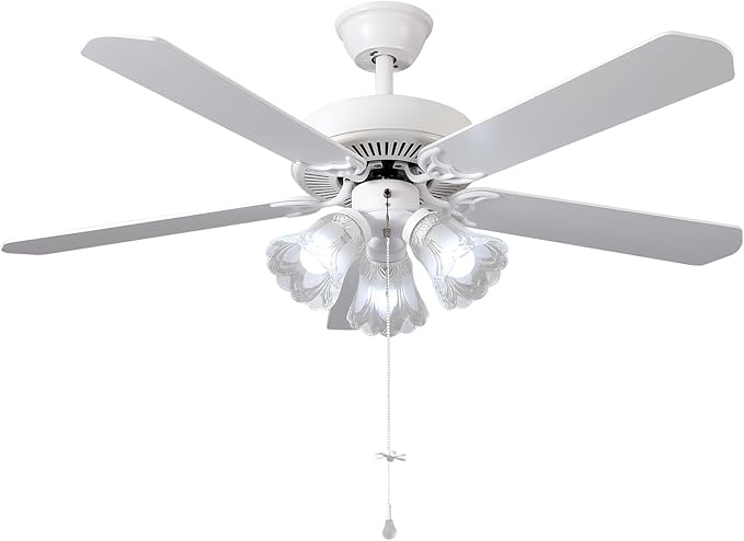 52 Inch Indoor Ceiling Fan with Pull-Chain and LED Light Bulbs Base, Traditional 3-Speeds Reversible Blades Ceiling Fan (White)