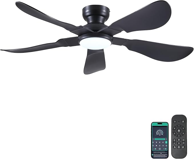 Kviflon 52 Inch Modern Ceiling Fans with Lights, Flush Mount Ceiling Fan with Light and Remote/APP Control, 5 Reversible 6 Speeds Curved Blades, 3 CCT Dimmable Lights for Bedroom, Black