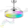 48 inch Modern Retractable Ceiling Fan with Lights and Remote Control, 6Speed Dimmable Fandelier, Smart Ceiling Fan Light with Bluetooth Speaker, RGB Color Reversible Bedroom Living Room, Chrome