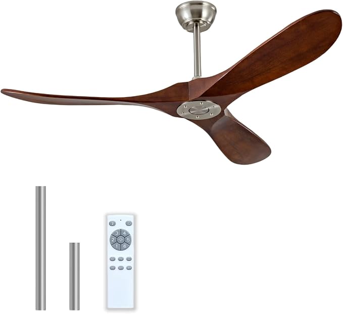 52'' Ceiling Fan Without Light, Remote Control, Wooden Modern Vintage Ceiling Fan for Indoor Outdoor, Bedroom, Dining Room, Terrace, Living Room, Farmhouse, Office (Brushed Nickel+Dark Walnut)