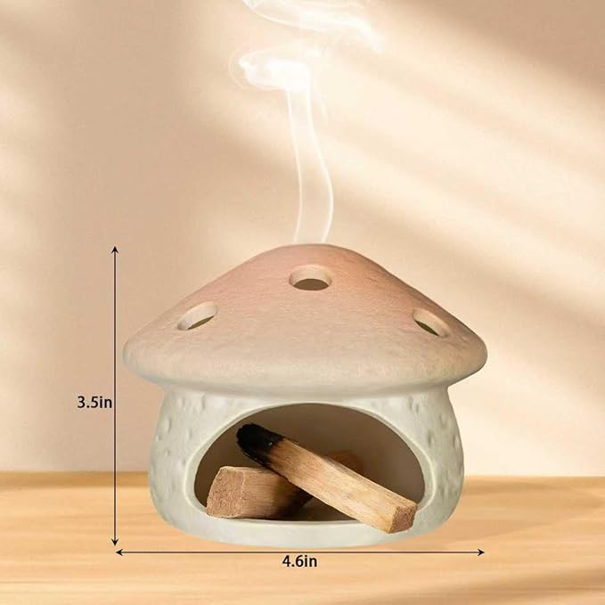 Mushroom Palo Santo Holder Chimney Burner, Ceramic Smudge Bowl for Sage Cones Incense Sticks, Cute Aromatherapy Yoga Meditation Home Decor (Pink)