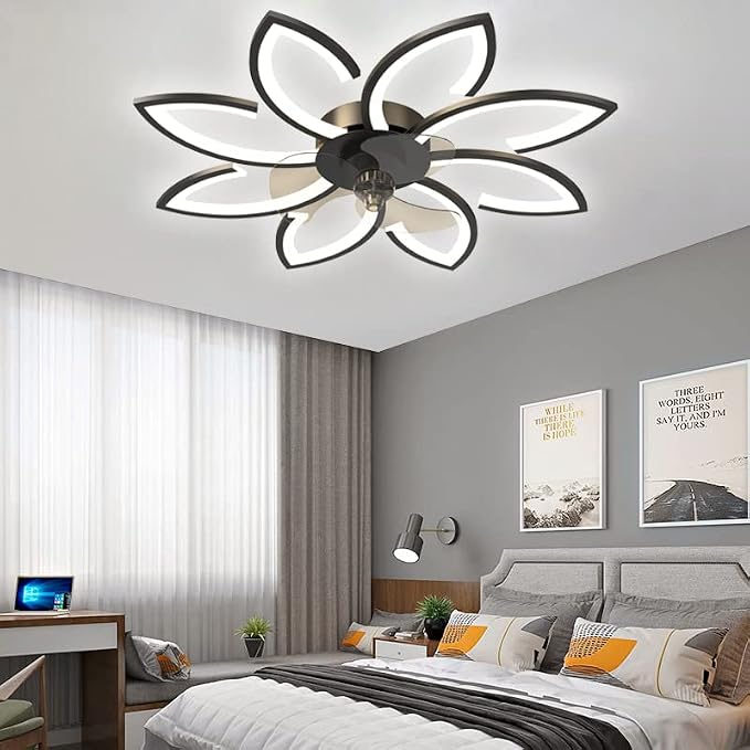 35'' Bladeless Ceiling Fan with Lights Remote Control, Modern Low Profile Ceiling Fans with Lights, Dimmable 3 Color 6 Speeds Flush Mount LED Ceiling Fan for Bedroom, Living Room - Black