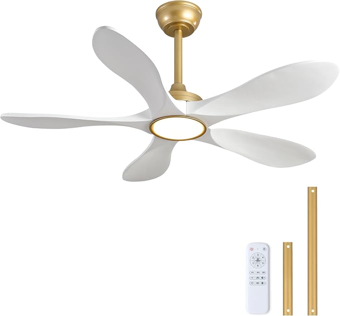 42 Inch White and Gold Ceiling Fans with Lights and Remote Control, Modern 3 Blade Wood Ceiling Fan, Outdoor Indoor Ceiling Fan with Light for Bedroom, Living Room, Quiet DC Motor, Dimmable