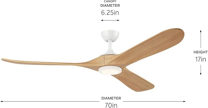 KICHLER Mylo 70 in Modern Ceiling Fan with Light and Remote Control, 6-Speed Damp Rated Indoor Outdoor Fan with Satin Etched Cased Opal Glass in Matte White, 310570MWH