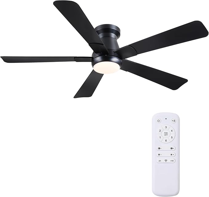 Hounberi 52" Flush Mount Ceiling Fan with Lights and Remote, Modern Black Low Profile Ceiling Fan, Quiet Reversible DC Motor, 3CCT Dimmable LED, Ideal for Bedroom, Living Room and Low Ceilings, Black