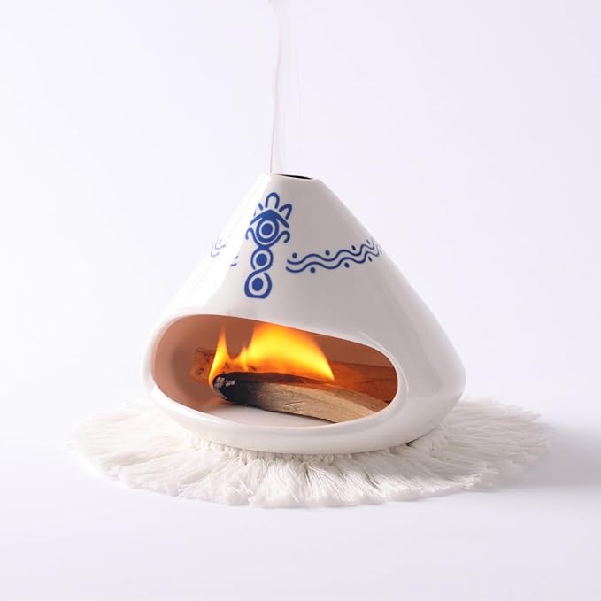 Ceramic Palo Santo Holder Burner,Incense Cone Holder,Mini Chiminea for Palo Santo Sticks and Sage Burner,with Handmade Heat Insulated Mat,Dust Brush,Metal Tweezer. (White and Blue)