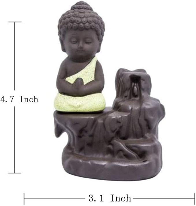 Incense Burner Smoke Waterfall Backflow Holder Ceramics Porcelain Buddha Little Monk Tower Cones Sticks Ash Catcher(Yellow)