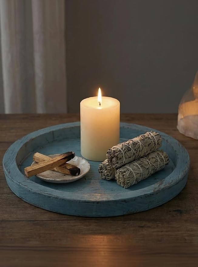 Hanobe Candle Plate Holder Tray: Round Wood Decorative Candle Plate - Rustic Farmhouse CoffeeTable Decor - Tealight Pillar Trays for Home Decor (Ocean Blue)