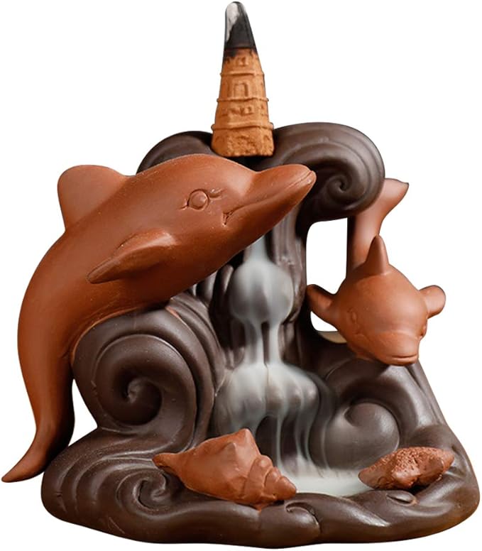 Backflow Incense Waterfall Burner, Cute Cone Holder Dolphin Decor Purple Clay Smoke Fountain Aromatherapy Ornamental with 10 Incense Cone Gift for Home Room Office Desk Indoor Meditation Yoga