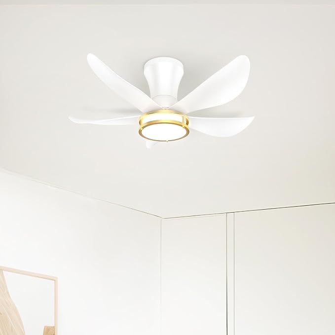 DAMINY 30 Inch White and Gold 5 Blade Ceiling Fan with Light, Modern Ceiling Fan with Remote,Large Airflow,Flush Mount,6CCT,Dimmable,Noiseless,Bedroom