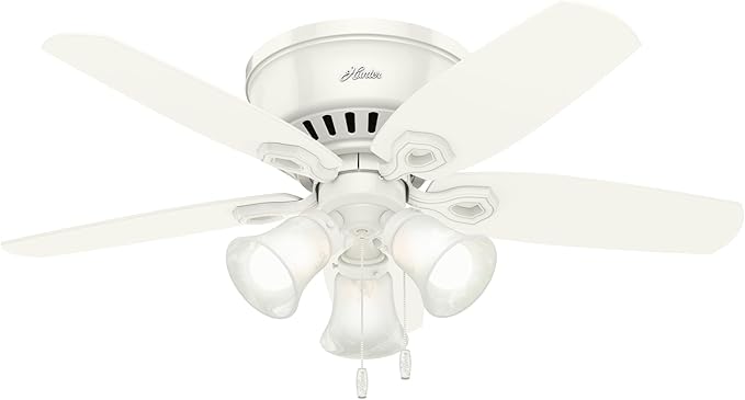 Hunter Builder, Indoor, Ceiling Fan, with LED Lights, 42 inch, Snow White | Low Profile Flush Mount, Pull Chain, 5 Blades, For Bedroom, Living Room, Kitchen, 51090