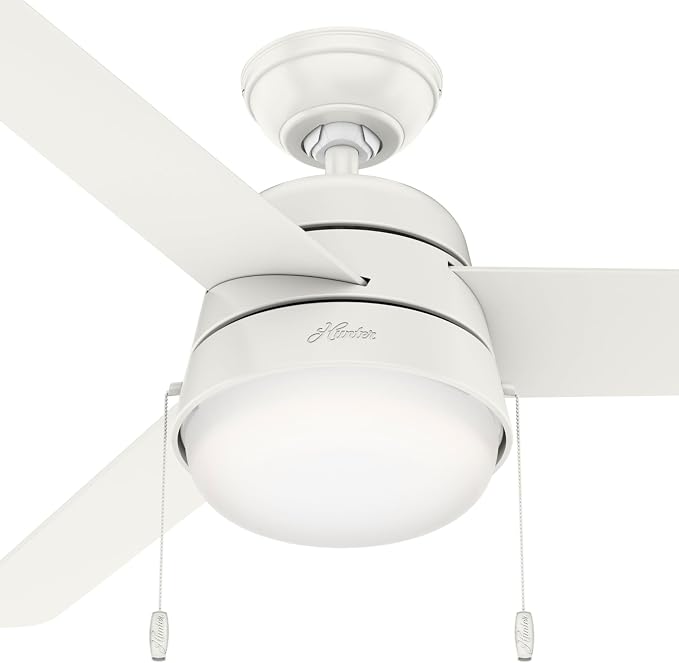 Hunter 52 inch Indoor Ceiling Fan with LED Light and Pull Chain - White Modern Ceiling Fan, Standard Mount, 3 Blades, For Bedroom, Living Room, or Kitchen, Quiet - Aker 50378, Fresh White