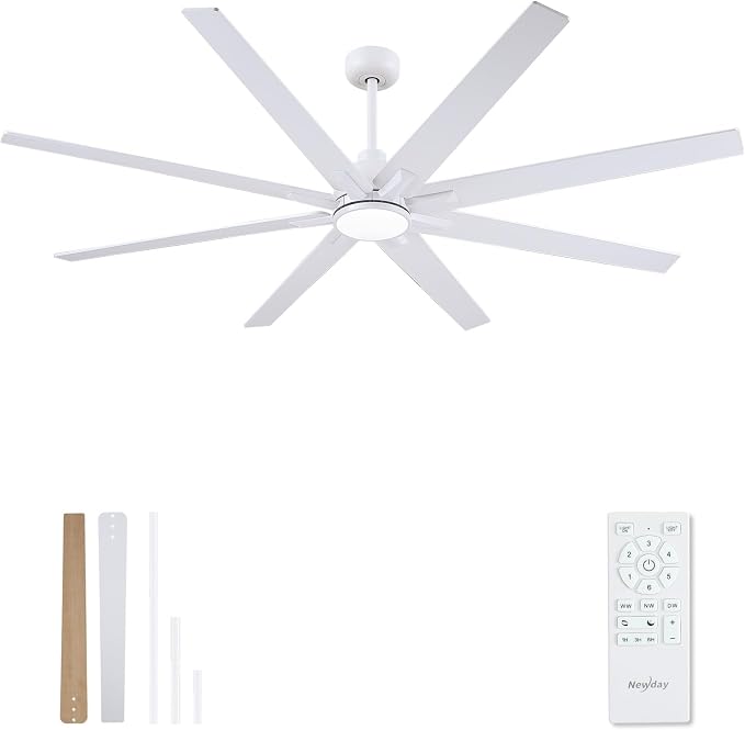 Newday 72 inch Large Ceiling Fans with Lights and Remote, Indoor/Outdoor White Ceiling Fan for Living Room Patio, 6 Speeds Silent Reversible DC Motor, 3CCT, Timer, 3 Downrods, 8 Blades