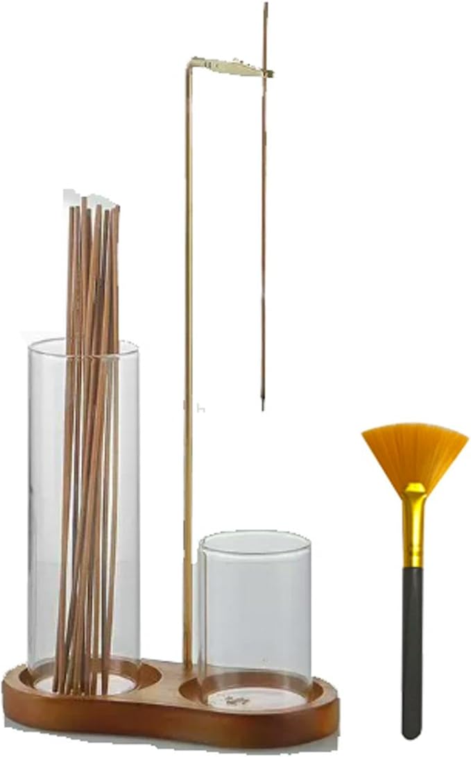 2 in 1 Glass Incense Holder for Sticks, Anti-Ash Flying Incense Burne with Glass Ash Catcher, Brush Wooden Incens-e Holder for Meditation Yoga Spa Home Decor Accessories(Color:1)