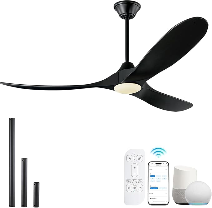 52 Inch Black Smart Ceiling Fan with Lights, Outdoor Ceiling Fan for patio, 3 Blades Wood Ceiling Fan with Quiet Reversible DC Motor, Indoor Exterior Modern Ceiling Fan with Alexa/App/Remote Control