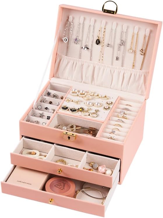 coobest 3 Layer Jewelry Box, Jewelry Holder with Lockable Drawer, Large Jewelry Boxes & Organizer with Velvet Earring Holder, Gifts for Mom Women