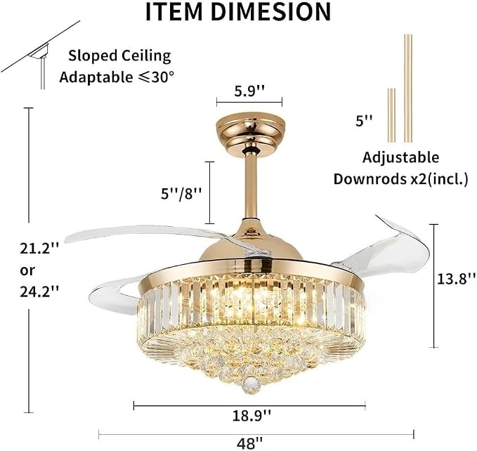 48 Inch Fandelier Ceiling Fan with Light, Chandelier Ceiling Fan for Bedroom Living Room, LED Dimmable, 6-Speed Reversible Motor, Timer & Memory Function-Gold
