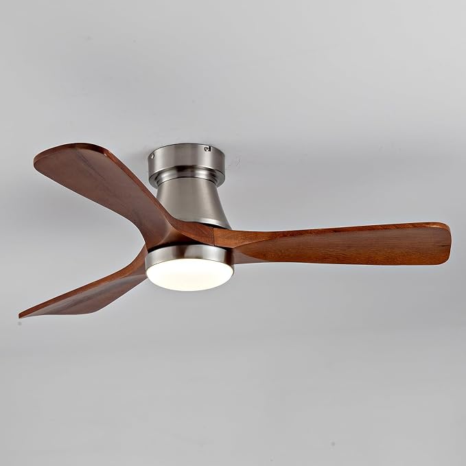 42-Inch Brushed Nickel Ceiling Fan with Lights, Remote Control, Flush Mount, Dimmable, Reversible, Wood Blades, Power-Off Memory, Modern Hugger Ceiling Fan for Indoor Outdoor