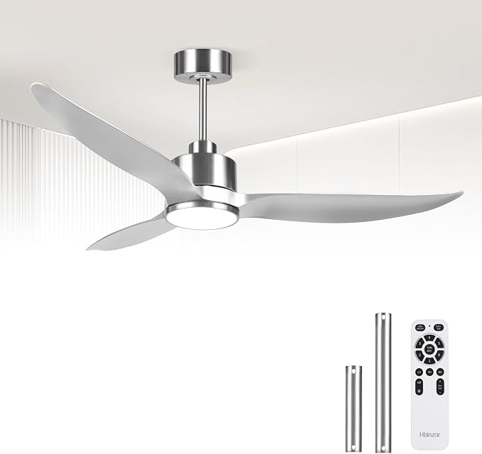 52 Inch Silver Ceiling Fan with Lights and Remote High CFM 3 Blades | Quiet DC Motor, Sleek, Reversible Motor, Timer, 6 Speeds, for Indoor Outdoor Bedroom Living Room Kitchen