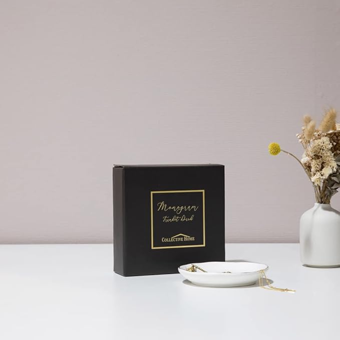 COLLECTIVE HOME Ceramic Jewelry Tray, Trinket Dish, Gifts for Women (F) | Mother's Day, Birthday, Christmas, Engagement Gifts, Vanity, Nightstand Decor, Embossed Gold Monogram Ring Dish with Gift Box
