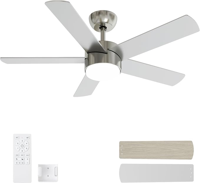 POCHFAN 42 Inch Brushed Nickel Ceiling Fans with Lights,Ceiling Fan with Remote Control,Reversible DC Motor,3 CCT 6-Speed,Noiseless Ceiling Fan for Bedroom,Living Room,Dining Room,ETL Listed