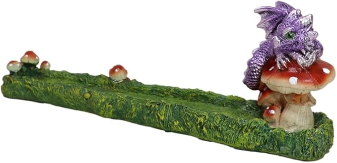 Ebros Gift Purple Baby Hatchling Dragon Perching On Toadstool Mushroom Pasture Greens Incense Burner Holder Figurine 10.25" Long Fantasy Mythical Dungeons and Dragons Home Decorative Accent
