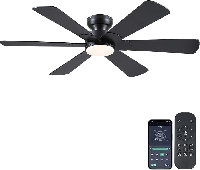 BayDay 52 inch Ceiling Fans with Lights, Black Ceiling Fan with Remote APP, Dual-Sided Modern/Rustic 6 Blades, Reversible, 3CCT, Flush Mount Low Profile Ceiling Fan with Lights Bedroom Kitchen Indoor