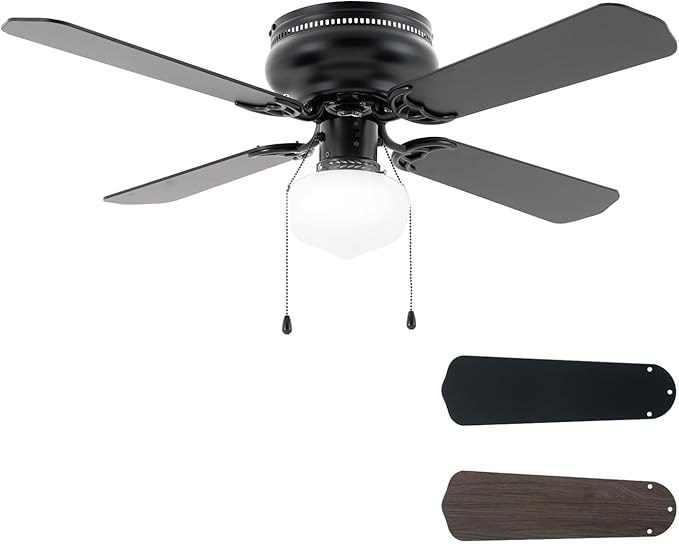 42 Inch Ceiling Fan Traditional: Flush Mount with LED Light - Pull Chain Control- Dual Finish Blades - Reversible for Bedroom, Home Office（Matte Black）