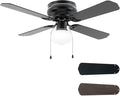 42 Inch Ceiling Fan Traditional: Flush Mount with LED Light - Pull Chain Control- Dual Finish Blades - Reversible for Bedroom, Home Office（Matte Black）