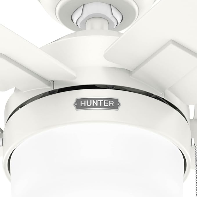 Hunter 44 inch Indoor Ceiling Fan with LED Light - White Ceiling Fan with Pull Chain, for Bedroom or Living Room, Standard Mount, No Remote, 5 Blades, Includes Bulbs - Anisten 52488, Fresh White | Standard Mount, Pull Chain, 5 Blades, For Bedroom, Livi...