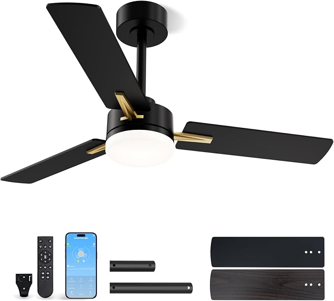 LANMEL 42 Inch Ceiling Fans with Lights, App&Remote Control, Low Profile Modern Ceiling Fan, 6 Speed, Reversible, 3000k-6500k Dimmable LED, Quiet DC Motor for Indoor Outdoor Use, Gold Black