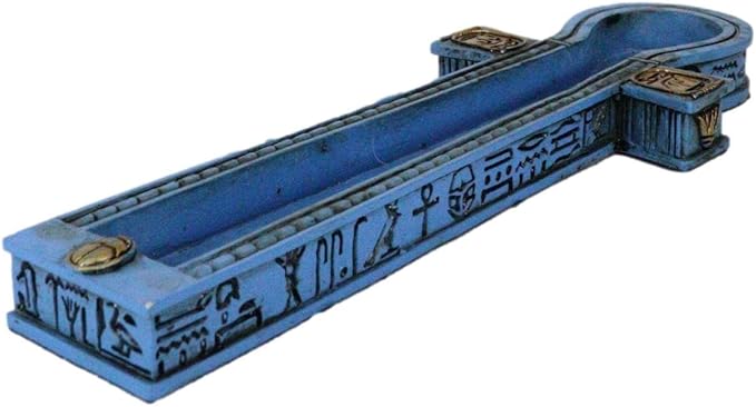 Ebros Gift Egyptian Beautiful Blue Hieroglyphic Symbols Golden Cartouche Ankh Key Incense Stick Burner Holder Figurine Gods of Egypt Talisman of Balance Health and Life Force