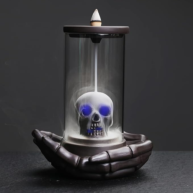 Skull Incense Burner Holder - Backflow Waterfall , LED Ceramic Unique Skeleton Incense Burner with 15 Incense Cones for Halloween/Aromatherapy/Yoga/Home/Room/Office Deco