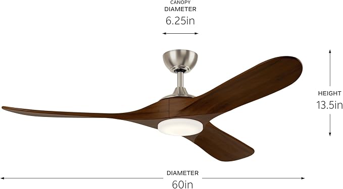 KICHLER Mylo 60 in Modern Ceiling Fan with Light and Remote, Brushed Nickel with Natural Walnut Wood Blades, 6-Speed Control, Satin Etch Cased Opal Glass, 310560NI