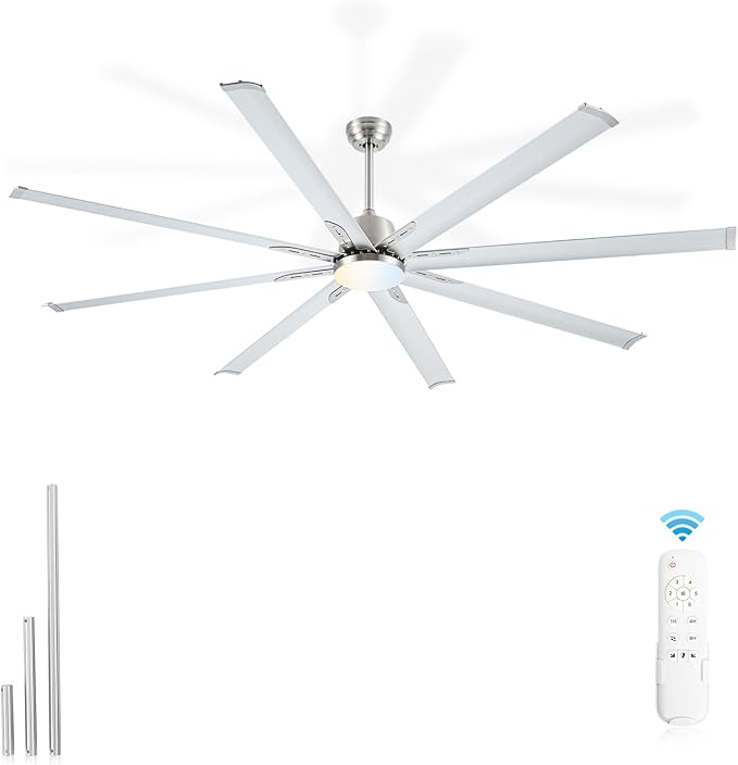 84 lnch lndustrial Celing Fan with Light and Remote Control,Large Celing Fan with 8 Brushed Nickel Aluminum Blades,6 Speed Noiseless DC Motor,Wet Rated Indoor Outdoor Ceiling Fans for Patio,Garage