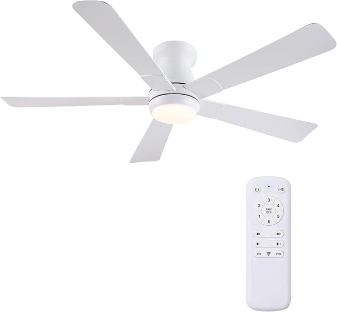 Hounberi 52" Flush Mount Ceiling Fan with Lights and Remote, Modern Black Low Profile Ceiling Fan, Quiet Reversible DC Motor, 3CCT Dimmable LED, Ideal for Bedroom, Kitchen and Low Ceilings, White