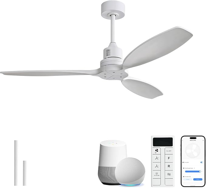 Sofucor 52 Inch White Ceiling Fans no Light, Works with App/Alexa/Google, Dimmable 6-Speed Outdoor Ceiling Fan with Remote for Indoor Bedroom Living Room Outdoor Patio Porch