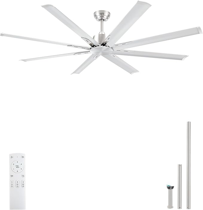 Minislak 72 Inch Ceiling Fan No Light with Remote,8 Aluminum Blades,Industrial DC Motor Quiet Operation,6 Speeds,Large Indoor Outdoor Ceiling Fan for Garage,Patio,Living Room(Brushed Nickel)