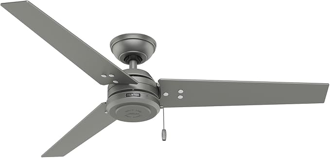 Hunter Cassius, Outdoor or Indoor, Ceiling Fan, 52 inch, Matte Silver | No Light, Standard Mount, Pull Chain, 3 Blades, For Living Room, Patio, Porch, Garage, 59262